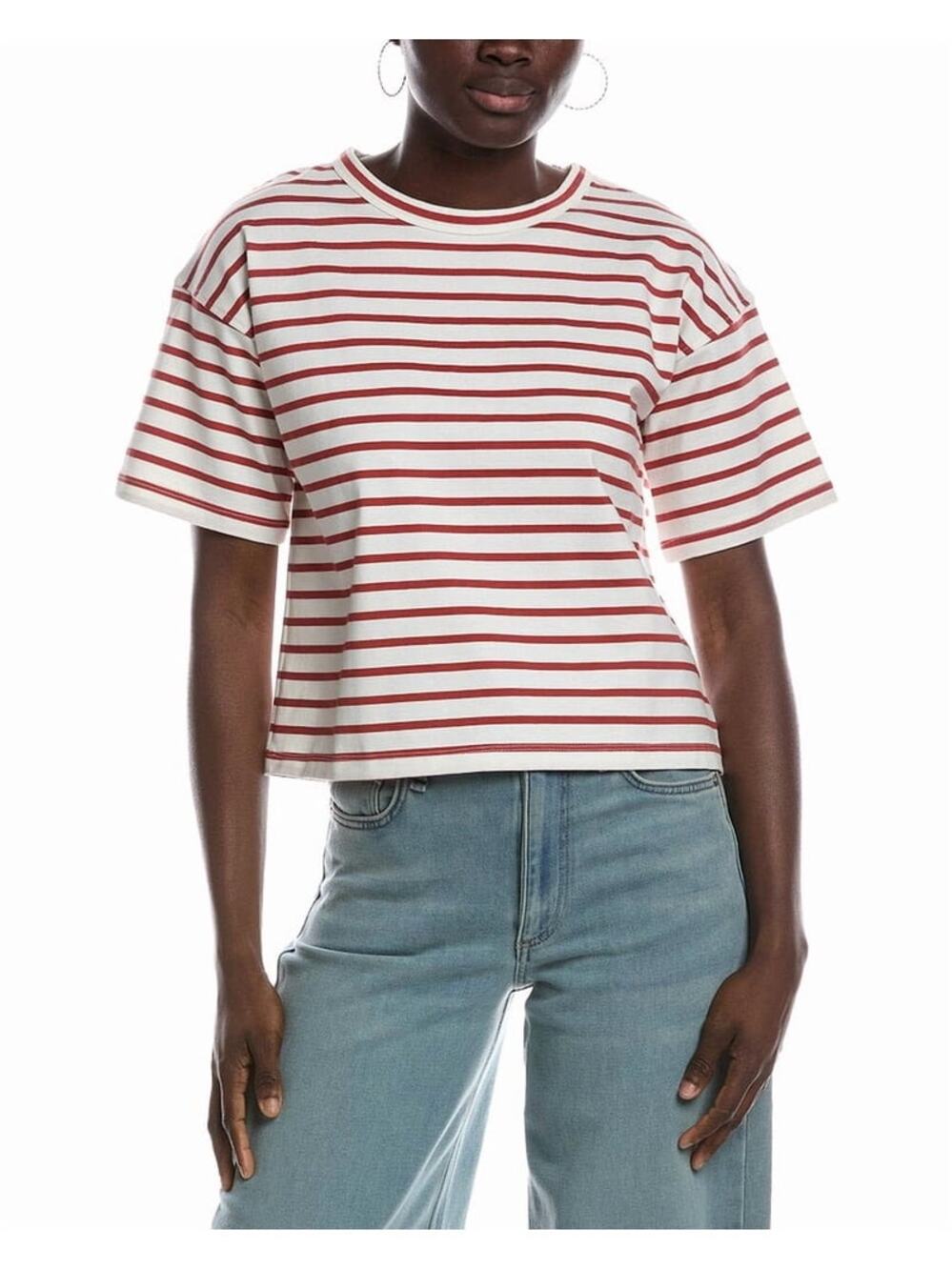 Madewell Boxy Crop Tee Red White Stripe Heavyweight Cotton T-Shirt S Nautical